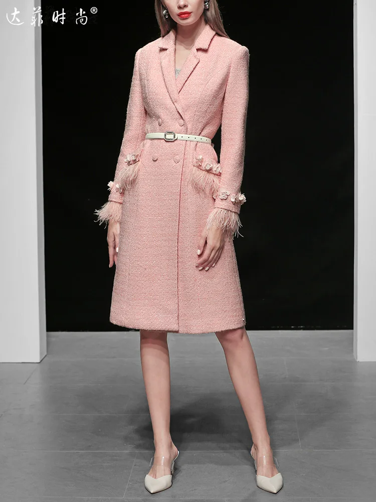 Elegant Feathers Double-breasted Winter Coat Women Runway Designer Thick Warm Pink Wool Coat Jacket High Quality Outwear