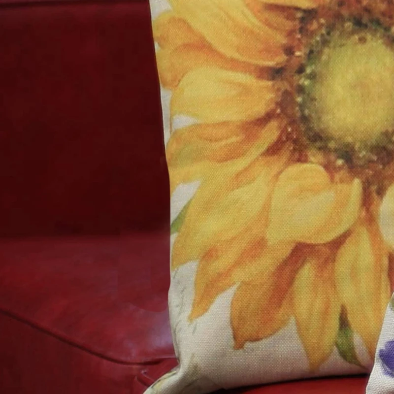 

Linen PillowCase Cushion Covers for Living Room Bedroom with Invisible Zipper Retro Coffee Decorative Sunflower Bird