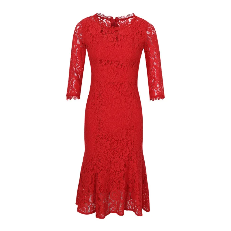 

Кружевное Красное Длинное мини-платье для женщин, приталенные женские вечерние платья, весеннее платье с рукавом три четверти, платья