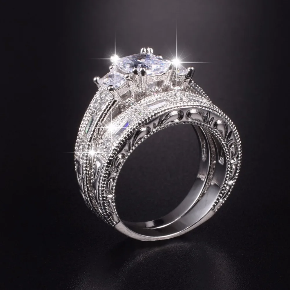 Винтажное кольцо с тремя камнями квадратное искусственным бриллиантом 2 в 1