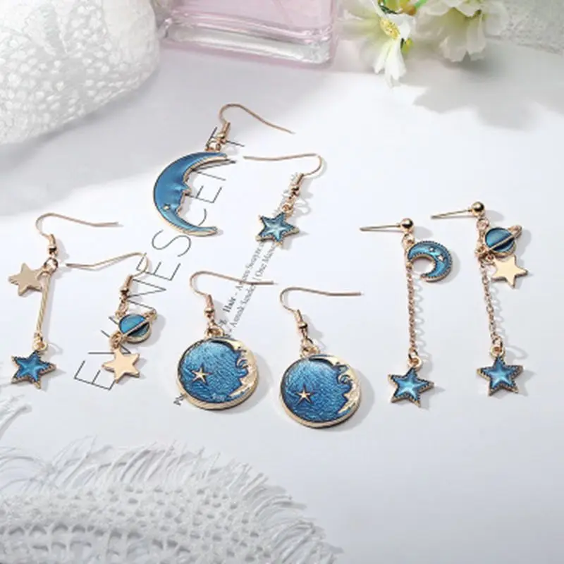 Sweet girl heart pink blue universe star earrings small fresh long asymmetric pendant | Украшения и аксессуары