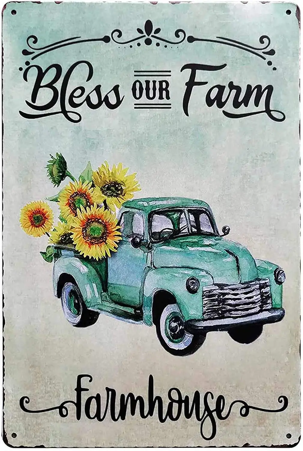 

Bless This Farm Green Truck Sunflowers Vintage Tin Bar Sign Farmhouse Country Home Decor for Living Room Bedroom Decoration 8X12