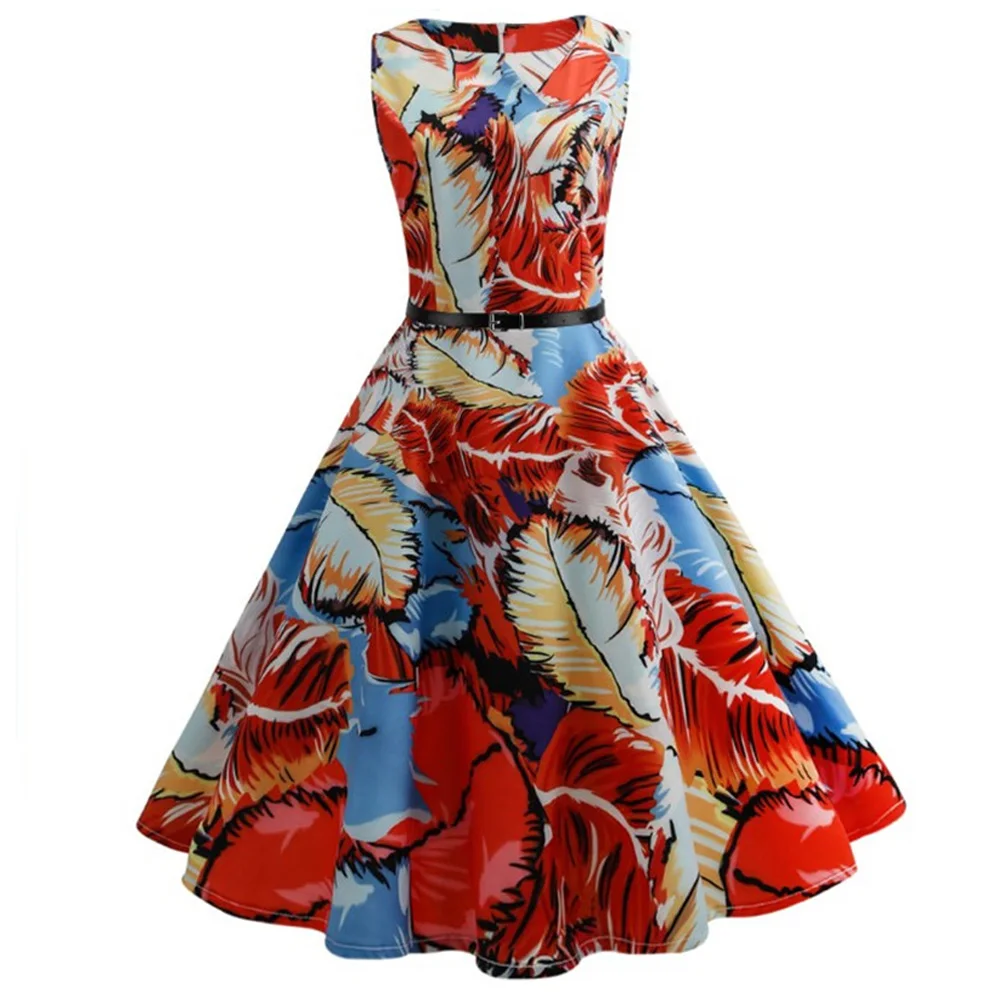 Wipalo Hepburn Vintage Series Women Dress Spring And Summer Flaral Fruit Printing Design Sleeveless Belt Retro S/2XL/XXXL|women designer dress|women