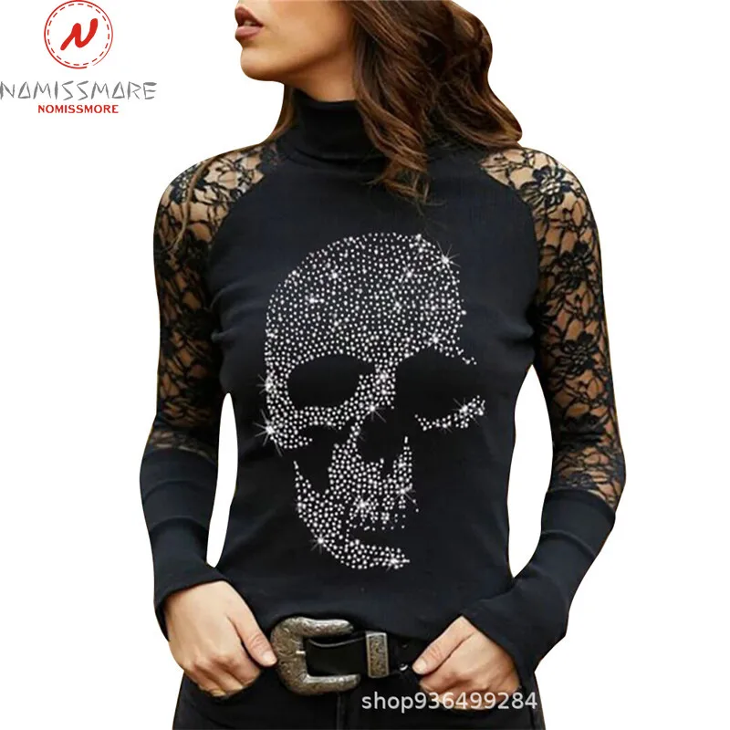 Модные женские футболки с рисунком черепа лоскутный дизайн Кружевной декор