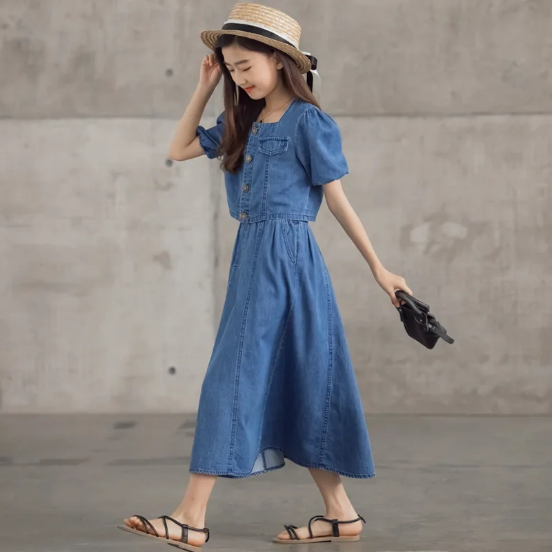 

Kids Jeans Set Girls Denim Skirt Set 2021 New Teen Suit Children Clothes Buttons Casual Toddler Maxi Skirt Two Pieces Set,#6233