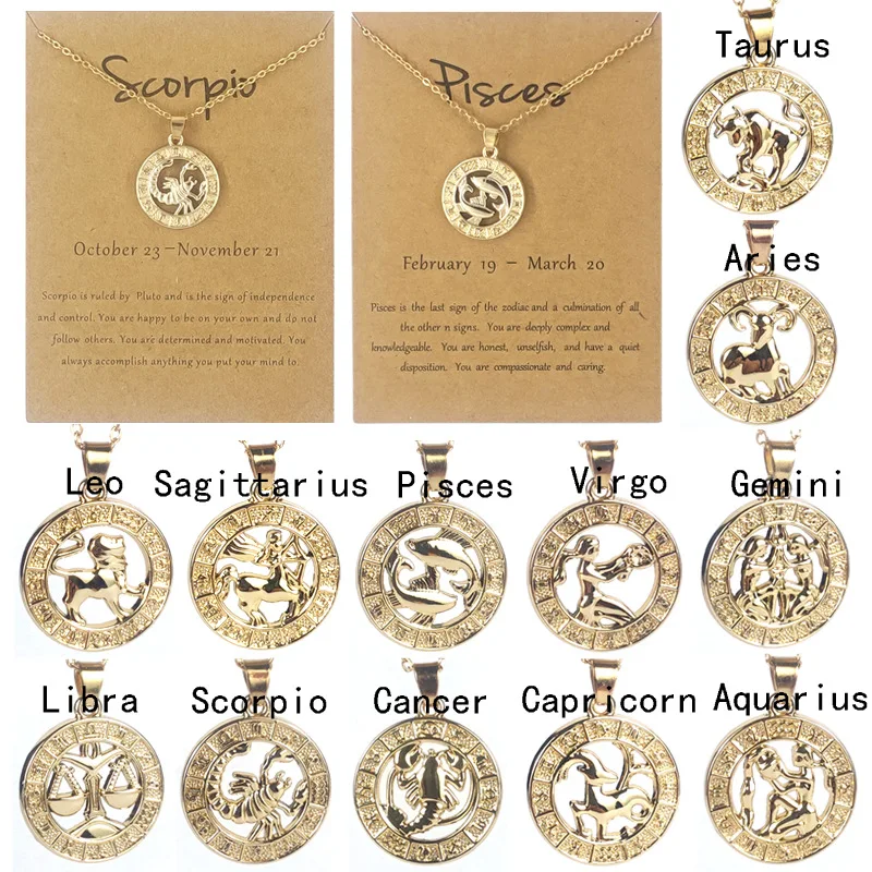 

Hot sale 12 constellation zodiac gold pendant necklace women men's Aries Leo gift birthday party