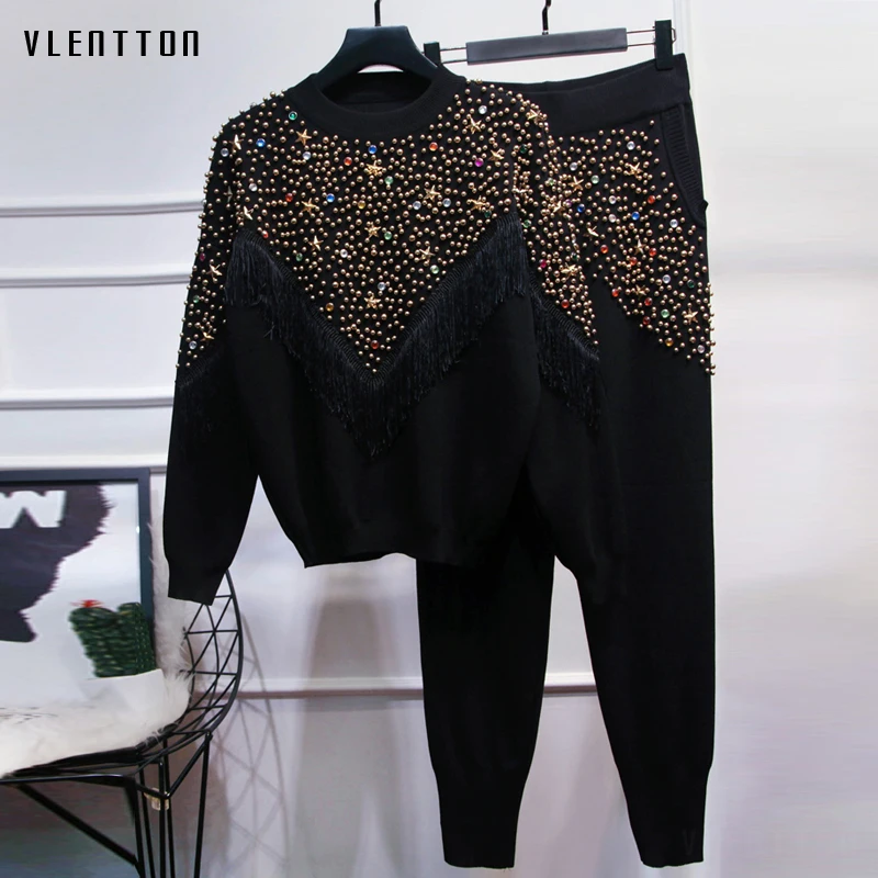 Качественный вязаный комплект из двух предметов со стразами и бисером Женский