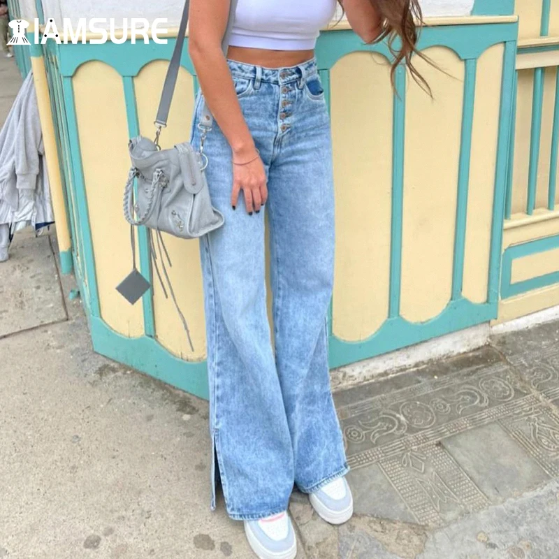 

IAMSURE Loose Basic Split Jeans Casual Slim High Waisted Trousers Wide Leg Pants Women 2021 Fashion Spring Autumn 90S Streetwear