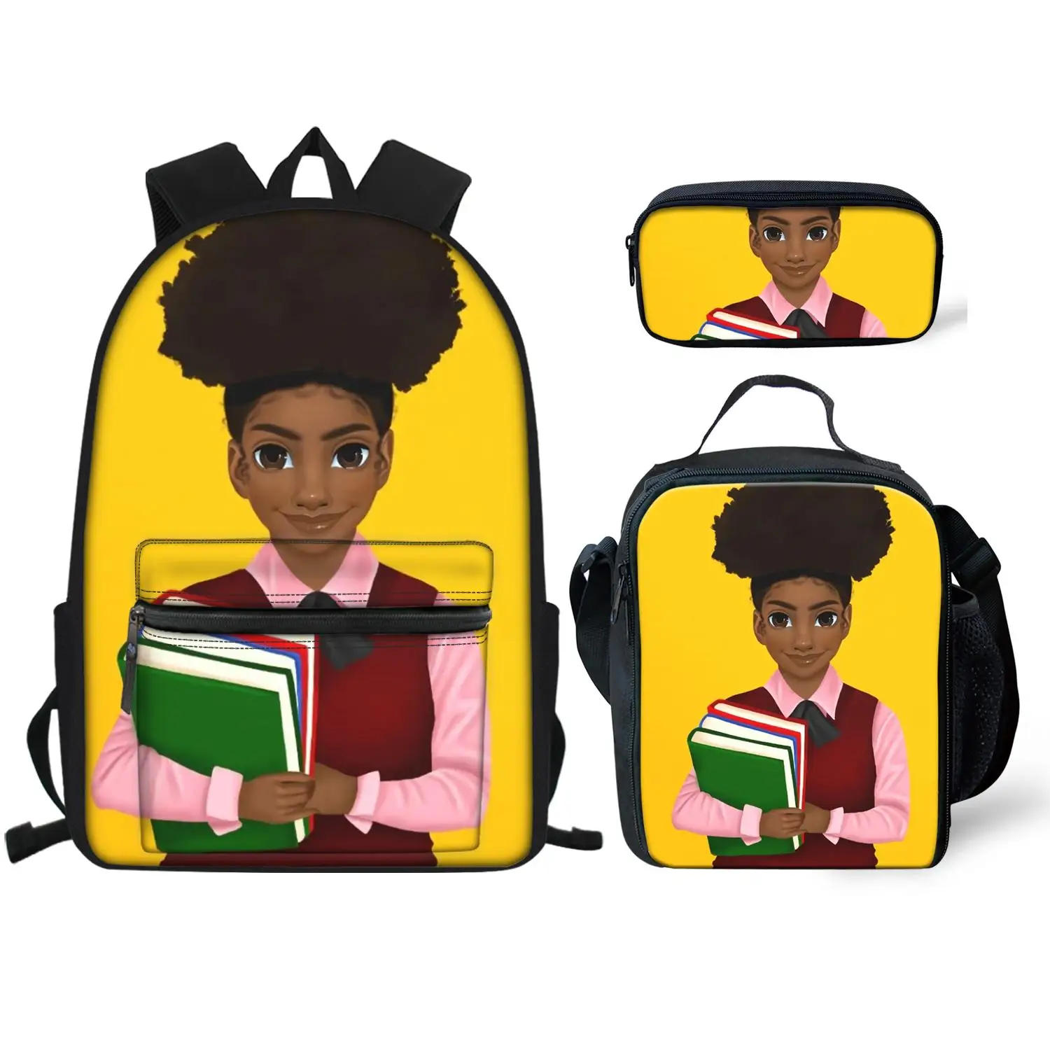

Black Afro Girls Printing Backpacks For Kids 3 Set Shoulder Lunch Case Summer Children Backpack Pen Box For Student Book Bag