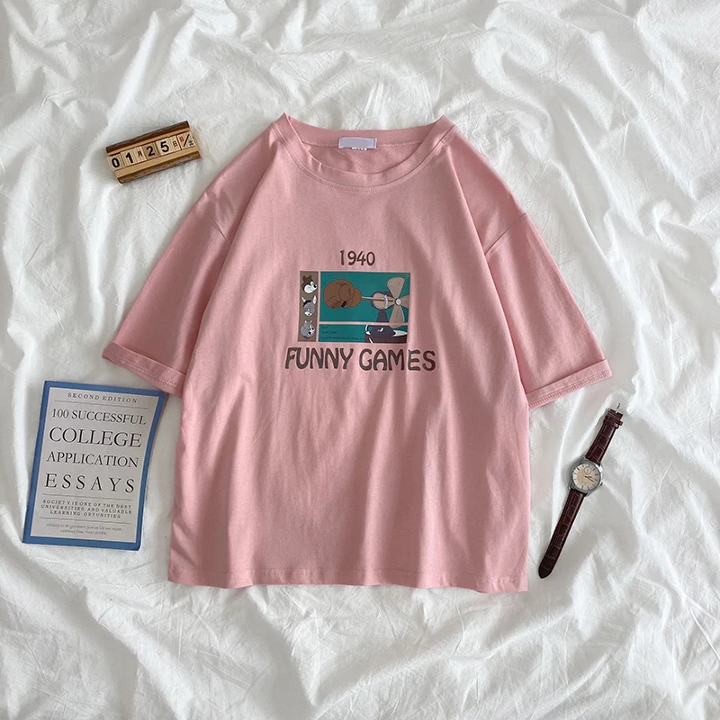 

E-BAIHUI 100% Cotton T Shirt Women Short Sleeve Summer T-shirt Tees Tops 1940 Letter Print Ropa De Mujer Men Tshirts Top
