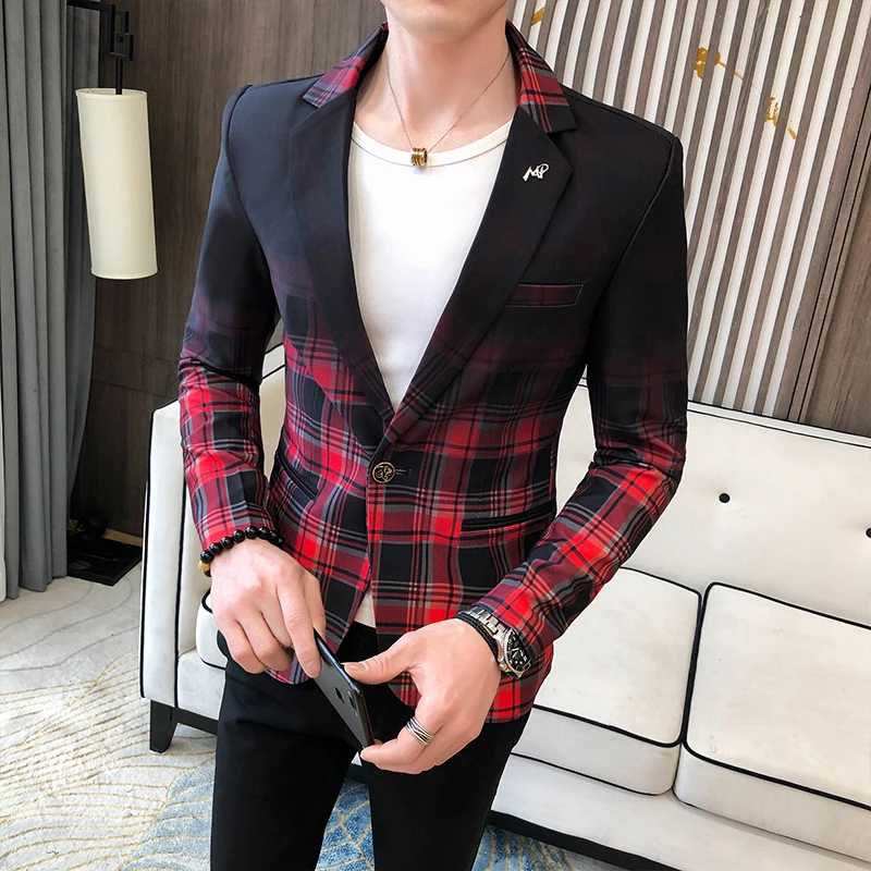 

Fashion Plaid Stitching Mens Casual Spontaneous Slim Suit Jacket Social Performance Stage Dress Party Blazer Mens
