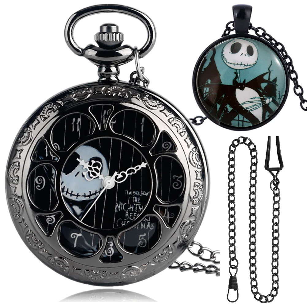 Black Hollow Quartz Pocket Watch Gift Set In A Box Male Thick Chain Pendant Watch Exquisite Accessories Gifts for Son Dad Men