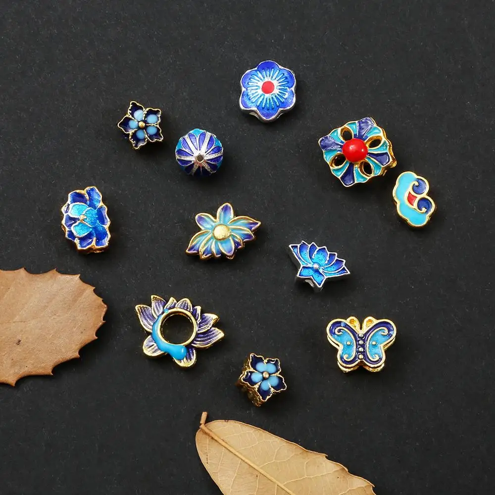 Эмалированные синие Бусины подвески с лотосом 2 шт. Перегородчатые цветы для