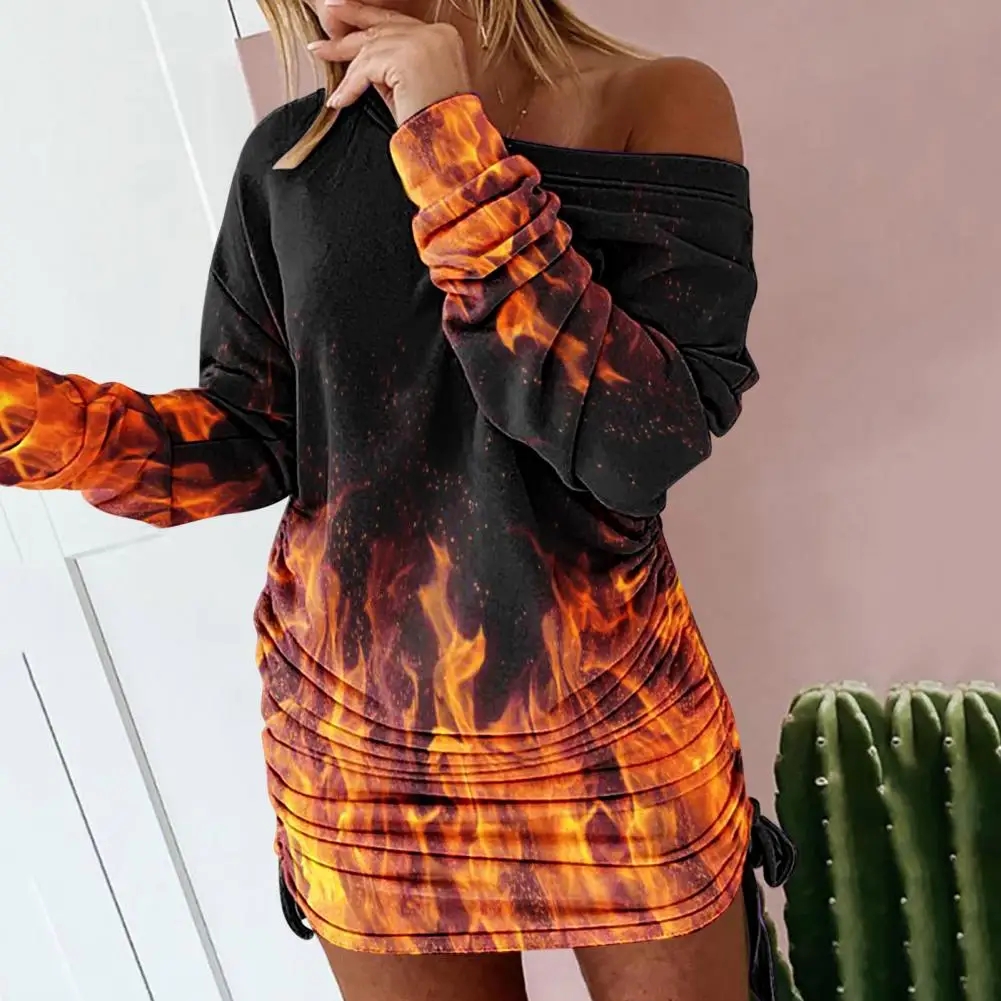 

Party Dress Loose Round Neck Women Dress Sexy Printing Pleated Pullover Dress