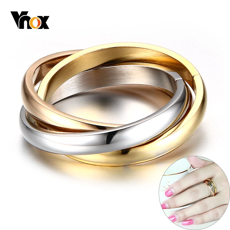 Vnox Classic 3 Rounds Ring Sets Women Stainless Steel Wedding Engagement Female Finger Jewelry