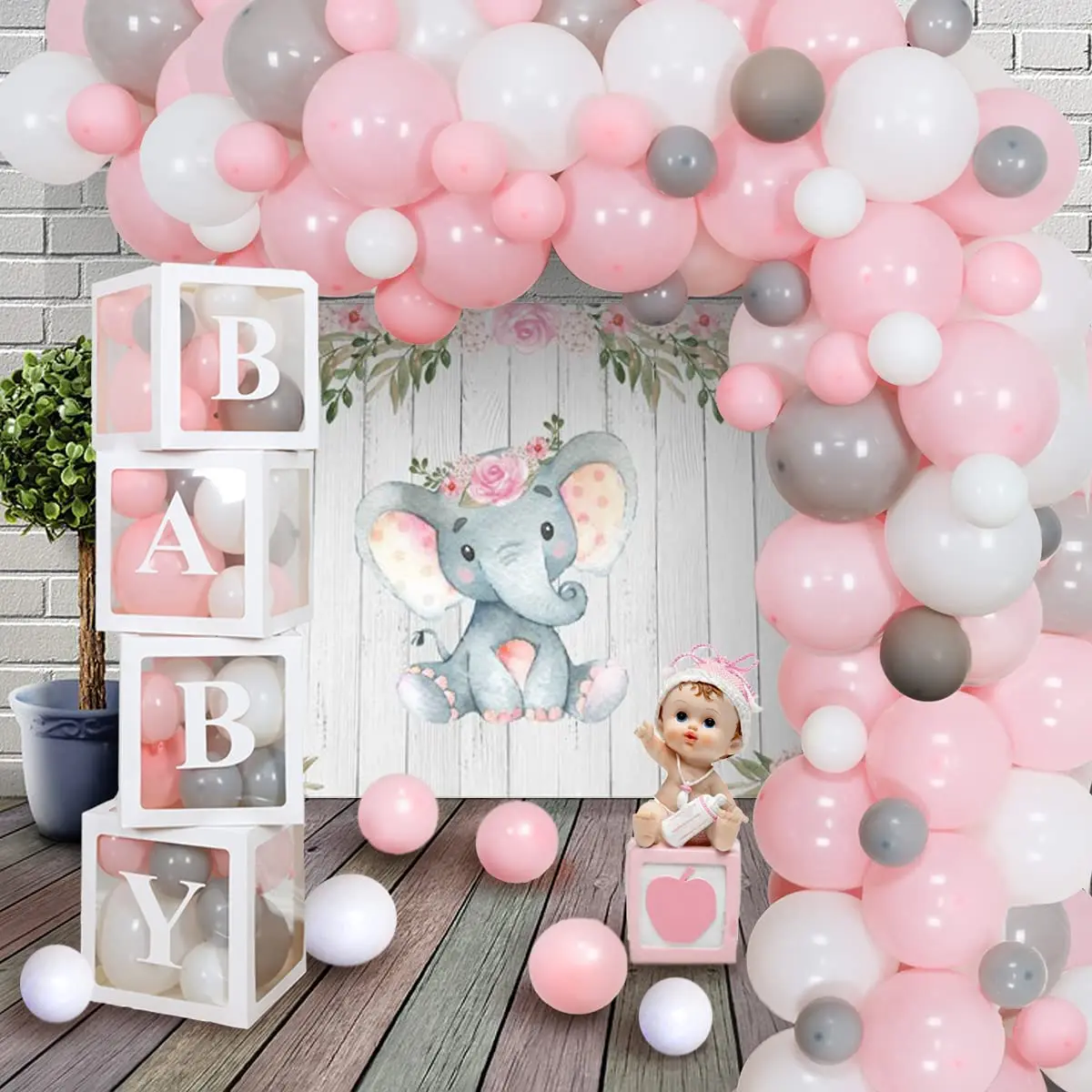 Decoraci&oacute;n de elefante de ba&ntilde;o de beb&eacute; para ni&ntilde;a, pancarta de fondo rosa, cajas de globos para ni&ntilde;a, suministros de fiesta de cumplea&ntilde;os para Baby Shower-0