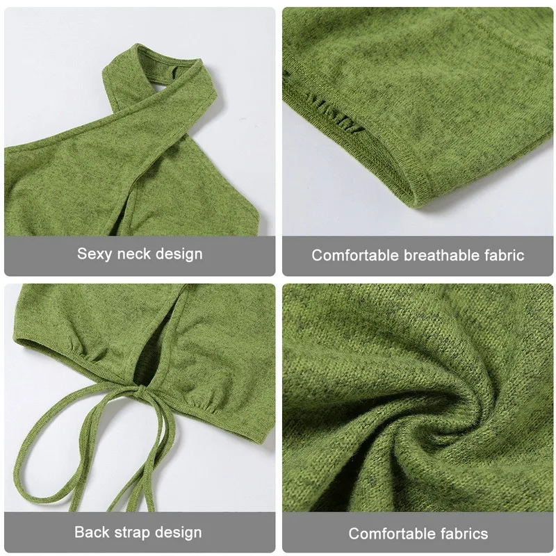 

Summer 2021 Solid Sexy Hollow Out Tank Top Women Fashion Slim Halter Sleeveless Lace Up Clothing Green Lady Casual Crop Top