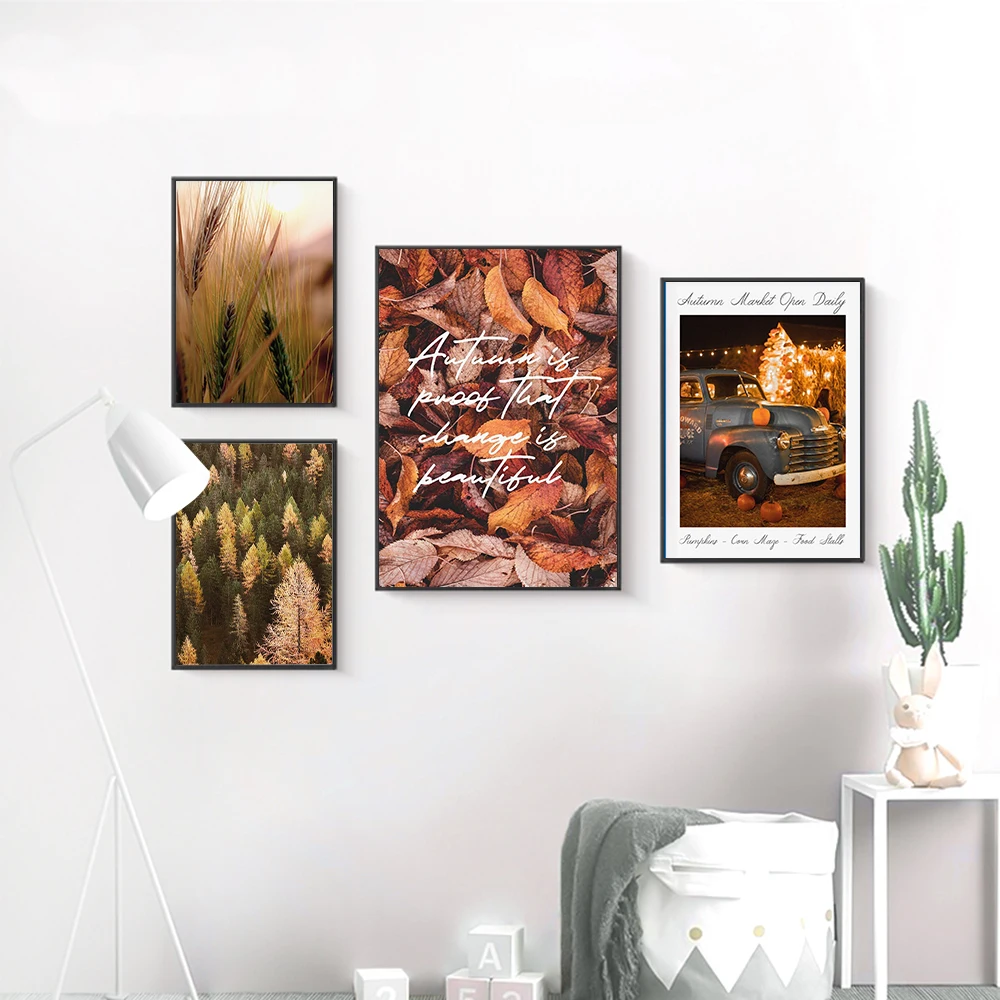 

Autumnal Natural Landscape Poster Market Fallen Leaves Quote Wheat Ears Canvas Painting Art Print Wall Picture Living Home Decor