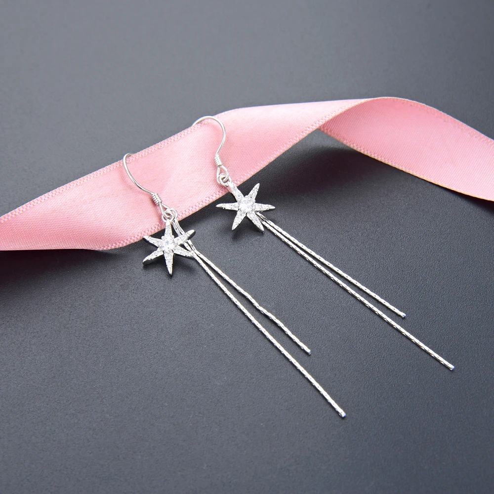 100% 925 пробы серебряные женские серьги с кристаллами и звездами длинные висячие