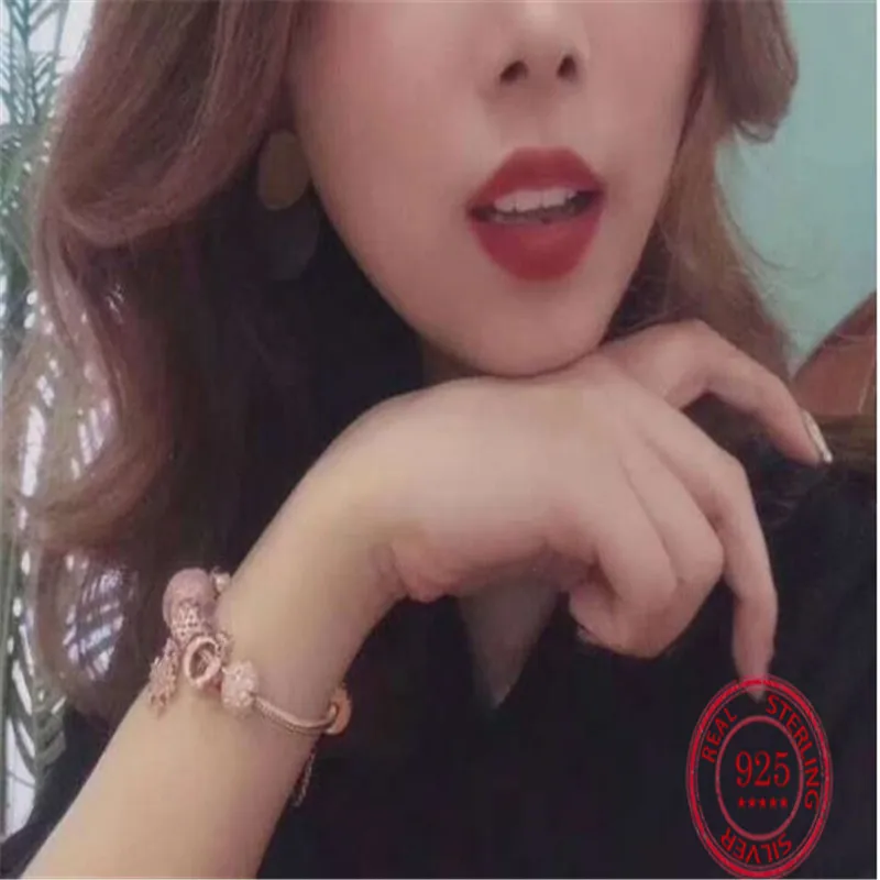 925 Sterling Silver Bracelet Rose Gold 18k Pink Cat Eye Snowflake Hanging Fixed Button Pendant Snake Bone Chain Set Female | Украшения и