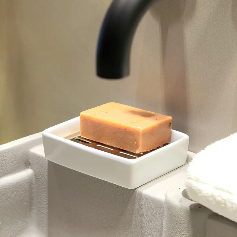 

Stainless steel soap pad creative ceramic soap box drain double rectangular soap tray bathroom soap holder kitchen product