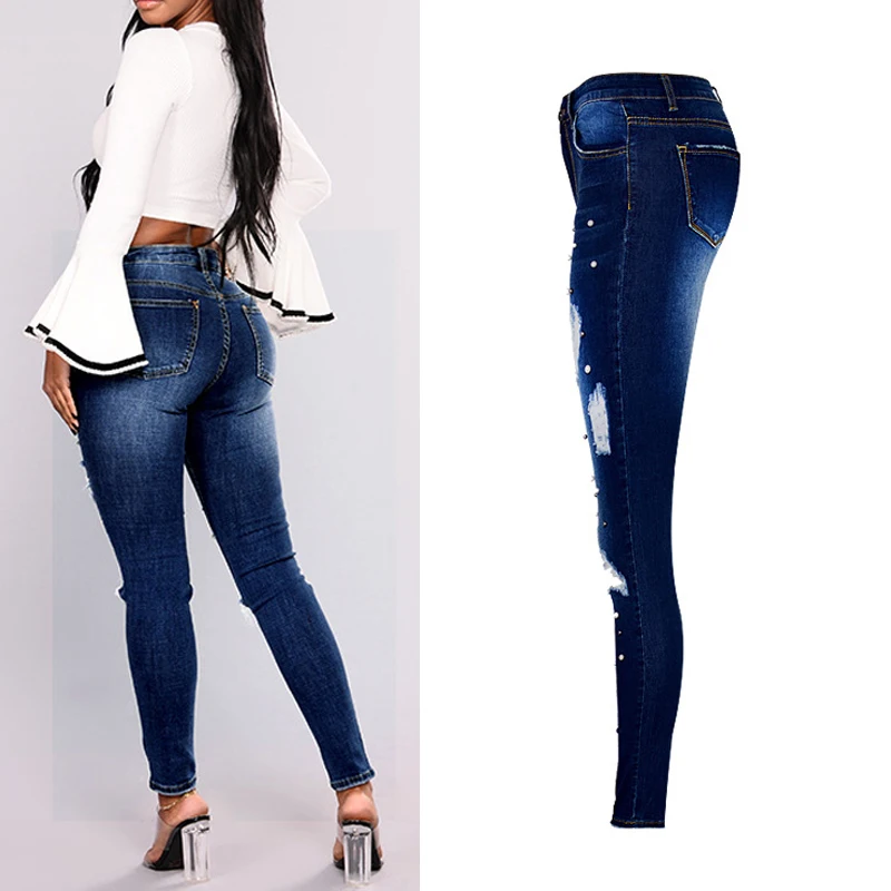 

Женские рваные джинсы с жемчугом и бусинами для растягивания с высокой талией размера плюс 3XL, женские джинсовые брюки, 2020