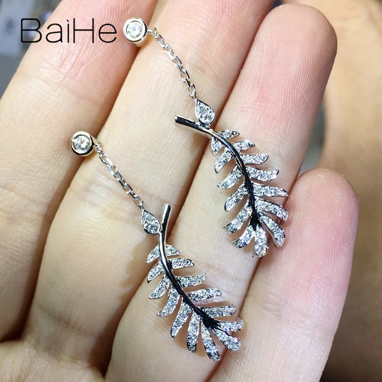 BAIHE Твердые 18 К розовое золото всего 0.40ct H/SI круглые натуральные бриллианты Свадебные трендовые ювелирные изделия красивые перьевые серьги с бриллиантами