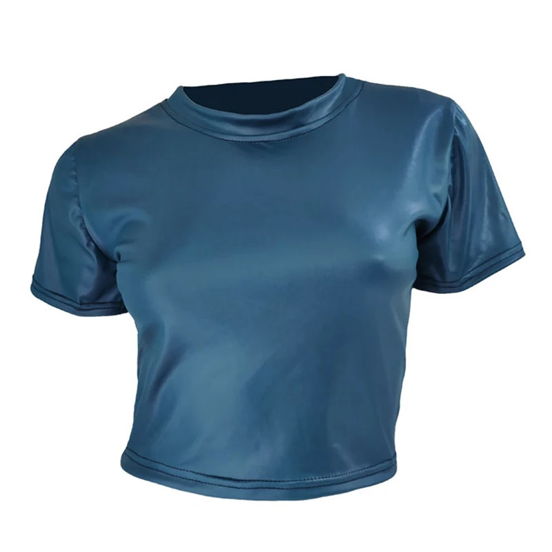 

Women Super Short Body Imitation Leather Round Neck Short Sleeve T-shirt Patent Leather Nightclub Stage Dance Bright T-shirt