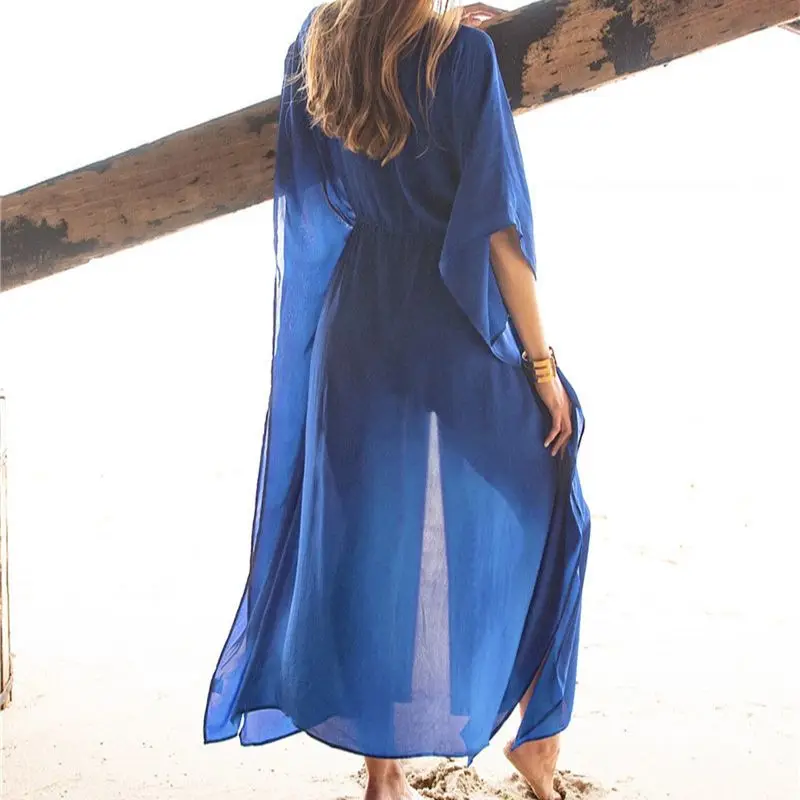Длинное синее шифоновое пляжное платье Cover Up женское Robe De Vestidos Playa Bikini парео Mujer