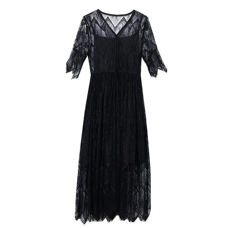 

Elegant Plus Size Lace Dress 2 Piece Set Women Summer Dress Black evening Party Night Dresses casual Large Size Long Maxi Dress