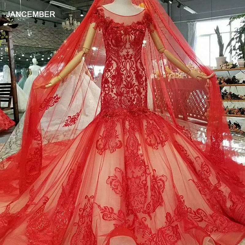 

LS855200 red vintage mermaid bride wedding party dresses o-neck short sleeves trumpet bridal dresses for wedding with tulle veil
