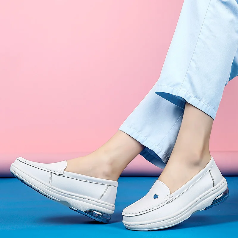 Thick Sole Genuine Leather Shoes Woman Flats Loafers Big Size 41 Casual Shoes Slip on Flat White Shoes for Women Nurse Shoe
