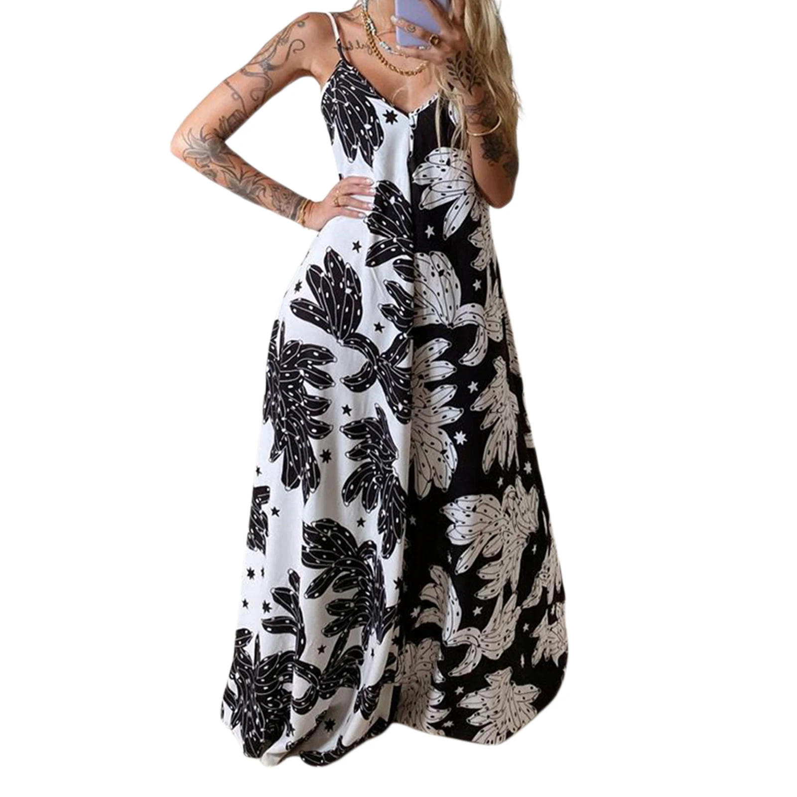 

Women Summer Slip Dress, Banana Print Spaghetti Strap V-Neck Sleeveless Backless Full Skirt for Girls, Black White