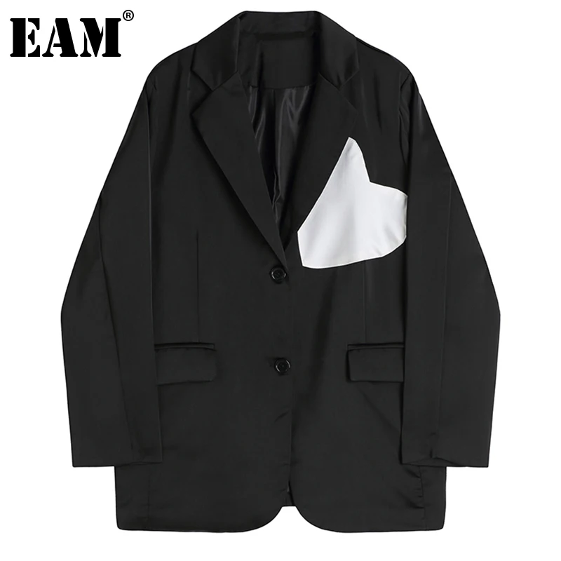 

[EAM] Женский Белый контрастный Блейзер большого размера, новая свободная куртка с отворотом и длинным рукавом, модная демисезонная 2022 1DE2545