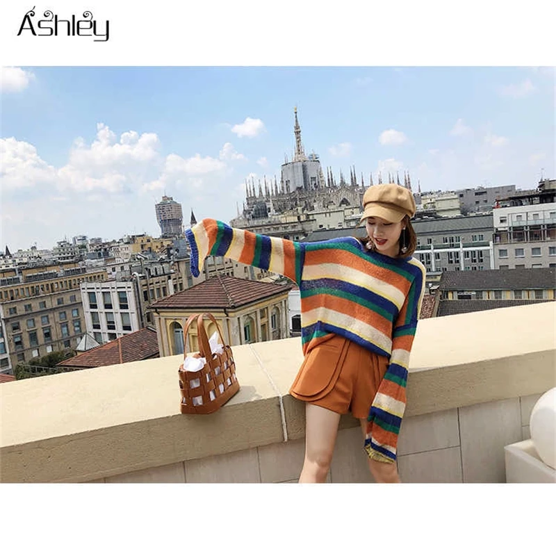 

Ashley Knitted color stripe sweater dress jumper Loose long sleeve women warm sweater Elegant patchwork drop-shoulder jumper