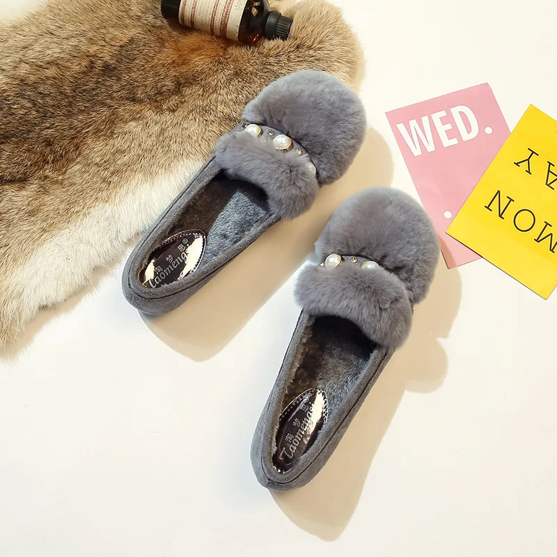 Large Size 34-43 Female Winter Super Soft Mouthful Solid Color Pearl Slip Plus Velvet Comfort Wild Casual Flat Peas Shoes B21-17 | Обувь