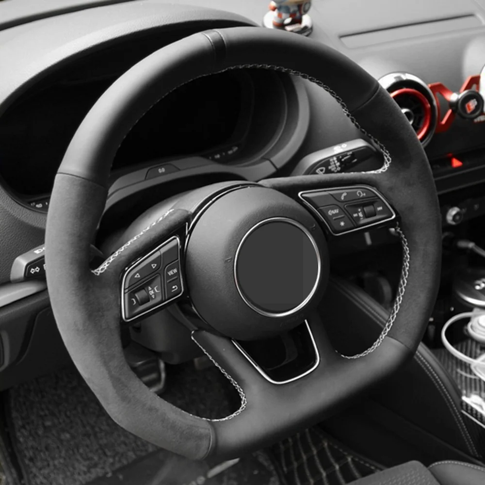 Hand-Stitched Anti-slip Black Genuine Leather Suede Soft Car Steering Wheel Cover For Audi A4l A6l A3 A5 Q5l Q3 Q7 A8 TT Q2l