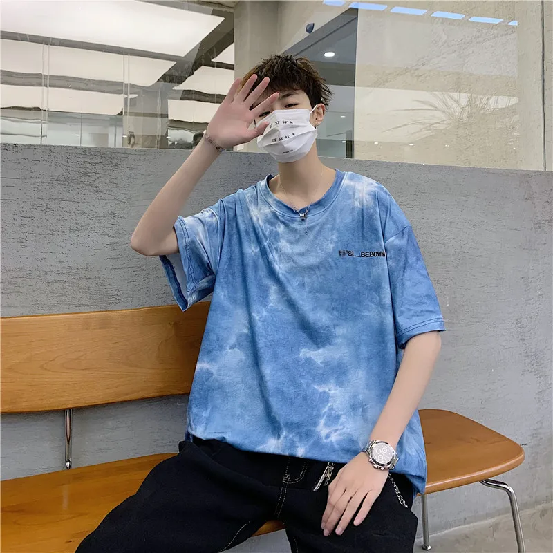 

95% Cotton Black Tie-dye Top Short-sleeved T-shirt Men's Shirt Loose Street Oversized T-shirt Five-point Sleeve Half Sleeve 2XL