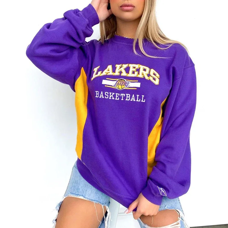 

Letter Graphic Print Pullover Purple Vintage Sweatshirt Women Long Sleeve Casual Sport Couple 2021 Spring Plus Size Brand Design