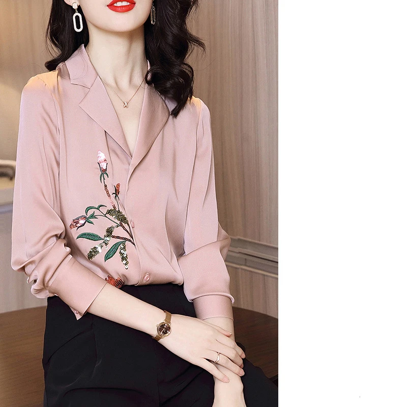 

Silk polyester printed shirt women 2020new spring and summer long-sleeved temperament V-neck satin retro embroidered top vestido