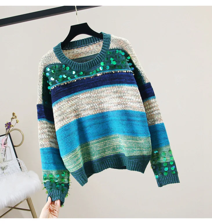 Женский вязаный свитер 2020 Корейская версия тяжелой промышленности полосатый