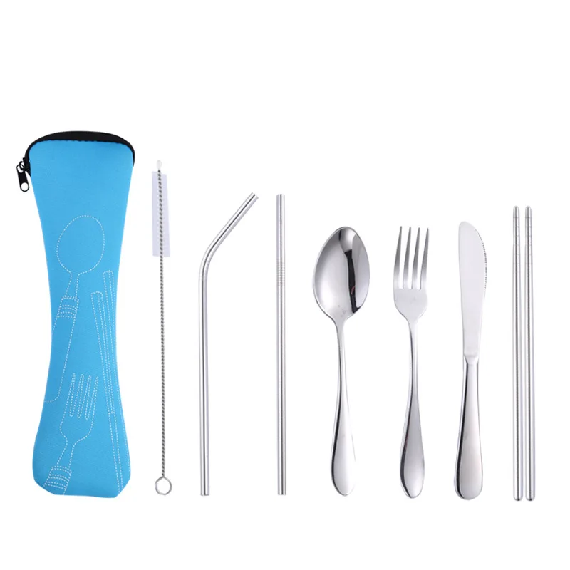 lightblue set Нержавеющая сталь 6 шт. многоразовый портативный набор столовых приборов нож вилка ложка палочки для еды набор кистей столовые приборы набор оптом - Цвет: lightblue set