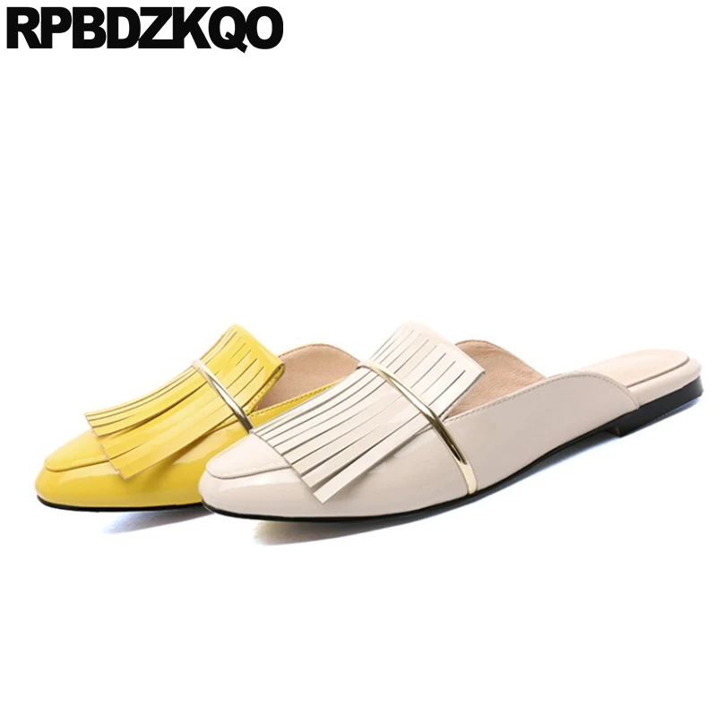 Шлепанцы женские из лакированной кожи удобные туфли без задника бахрома плоская