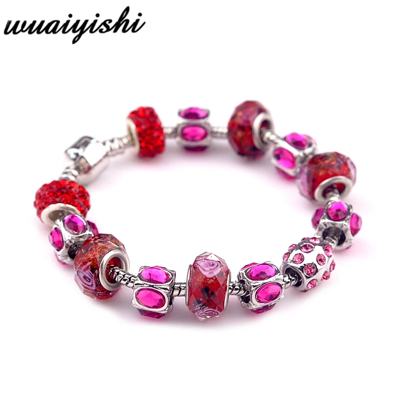 Red crystal Браслеты для девушек, Браслеты mujer, полимерные бусины Подвески украшения, серебряные DIY Браслеты для женщин, модная повязка на руку, цепочка из сплава - Окраска металла: Red crystal