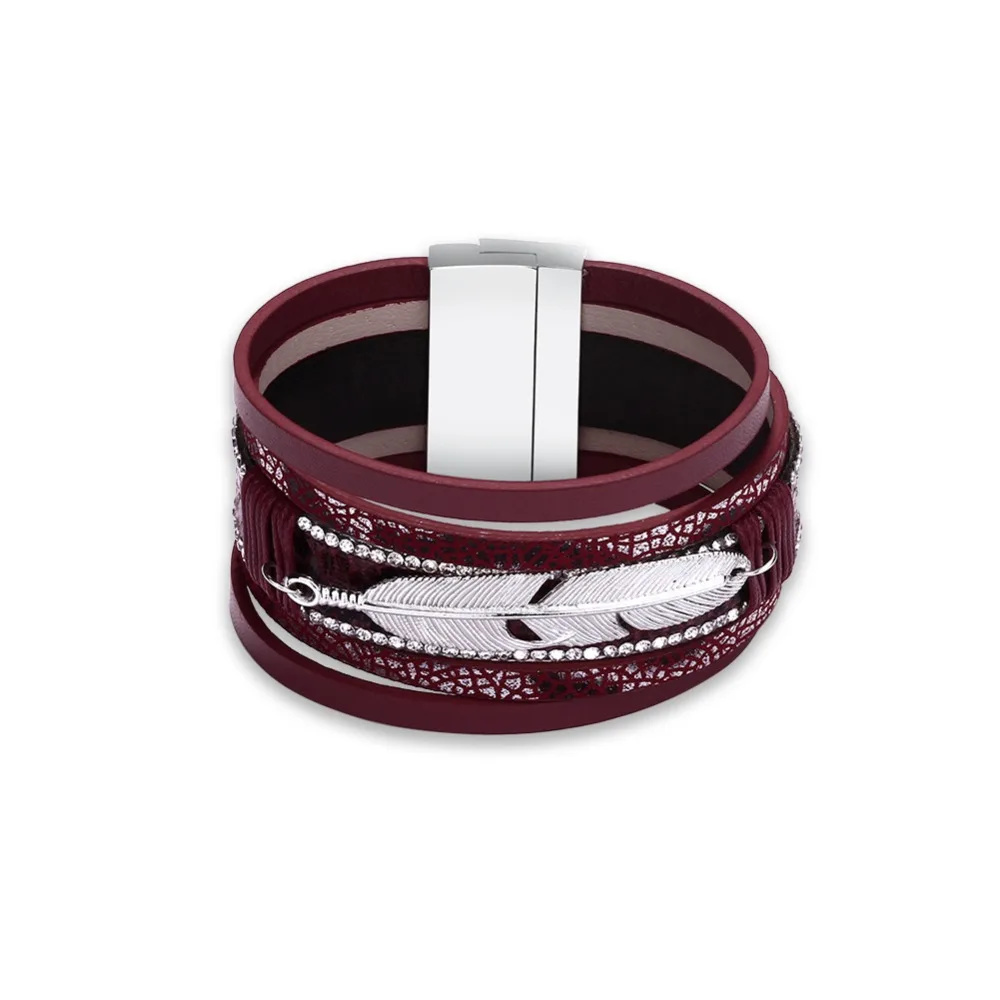 

NB21 Top Quality Real Leather Wide Bracelet unisex for lover man and women Feather