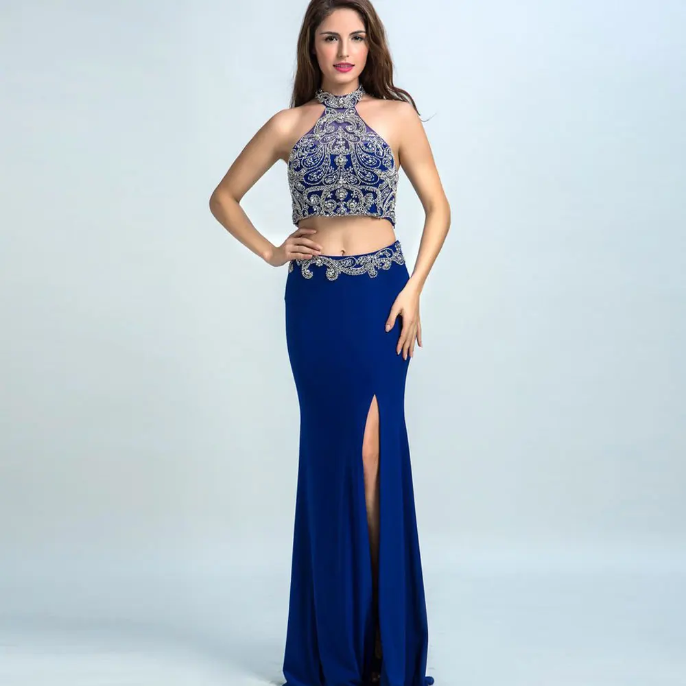 

Dark Navy Mermaid / Trumpet Chiffon Front/Side Slit Floor length Sweep/Brush Halter Beading Applique Sleeveless Evening Dresses