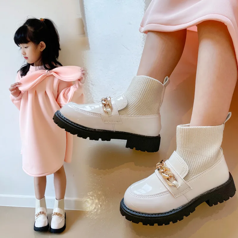 

3-12 2022 Autumn Winter New Chelsea Children's Metal Boots Fashion Chain Socks Short for Kids Girls Ankle Boots Princess Shoes