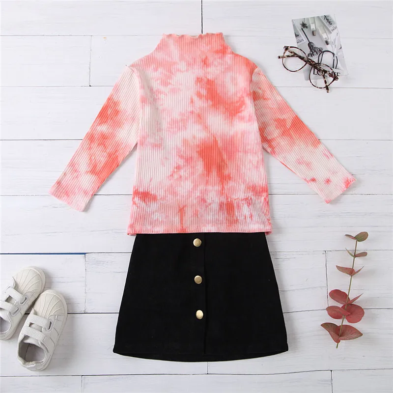 

1-6Y Toddler Kids Baby Girls Clothes Autumn Winter Girls Tie Dye High Neck Ribbed T-shirt Tops+Button A-line Skirts Warm Outfits