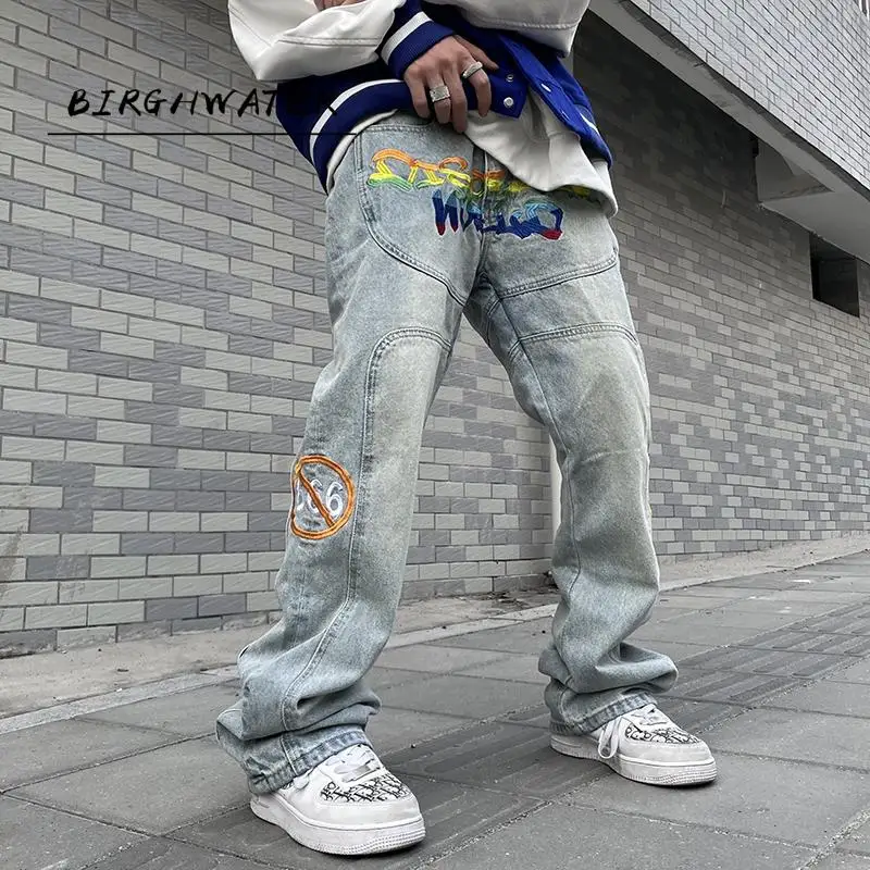 

Hip-hop Rainbow Alphabet Embroidery Jeans Mens Washed Distressed High Street Retro Denim Trousers Straight Loose Casual Pants