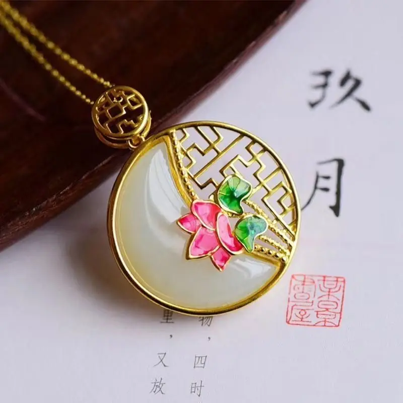 

New silver with natural and Tian Baiyu lotus lotus Pendant Necklace Chinese style retro small group design women's brand jewelry